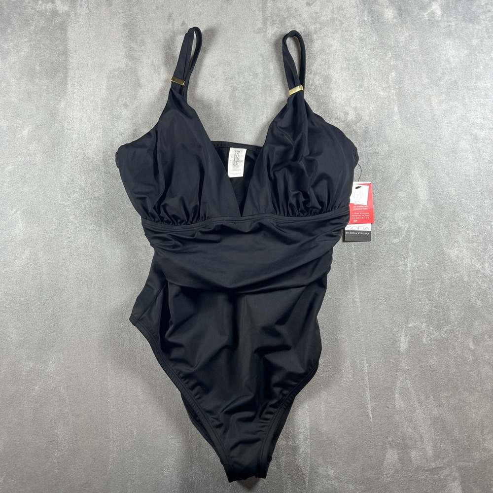 Sofia‎ Vergara Natalie VNeck Ruched One Piece Swimsuit Black Womens Large NWT